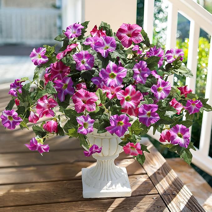 HyeFlora Artificial Flowers for Outdoors 2PCS Faux Petunias Silk Fake Flowers for Outside Planter UV Resistant Realistic Home Garden Porch Decor (Fuchsia)