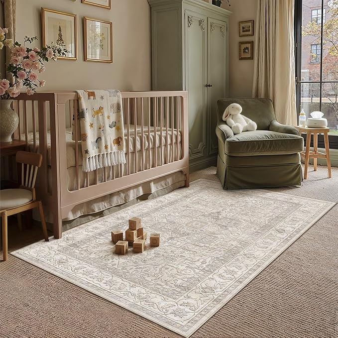 4x6 Washable Vintage Area Rug Beige Oriental Soft Entryway Throw Rug Neutral Non Slip Low Pile Small Carpet for Kitchen Bathroom Living Room Bedroom
