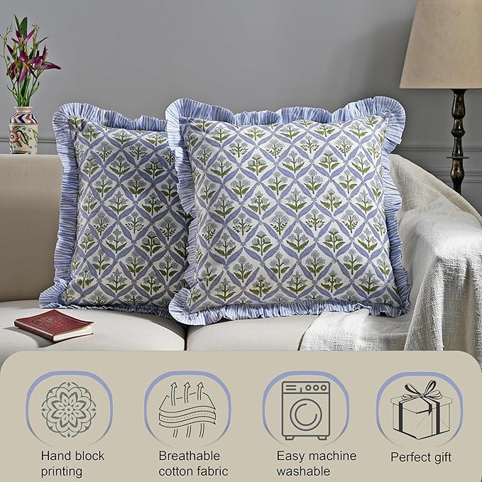 Ridhi Block Print Light Steel Blue Throw Pillow Cover 24" x 24" (Pack of 2) Decorative Cushion Covers with Ruffle for Couch, Sofa, Bed, Living Room, Home Decor Gift for Spring, Easter, Valentine