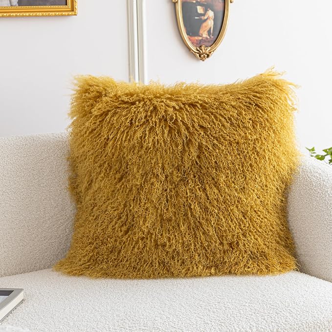 MOOX Mongolian Lamb Fur Pillow Covers Lumbar Throw Sheepskin Pillow Case Genuine Wool Fur Tibetan Accent Living Room Bedroom Decorative Cushion Cover (20x20inch, Gold)