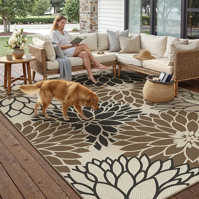 HUGEAR 6'x9' Waterproof Floral Outdoor Rug Patio Linen-Look Black Brown Floor Mat for Camping RV Outside Area Rug Deck Porch Balcony Backyard Picnic Beach Carpet Decor