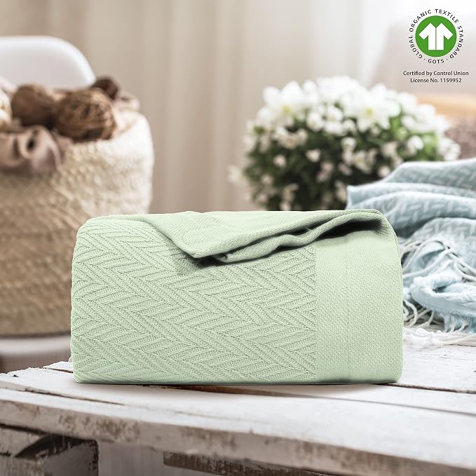 THREAD SPREAD Organic GOTS Cotton Certified Blanket, King/Cal King - 350GSM, Oversized Antistatic, Fuzzy Soft, Couch, Bed, Luxurious Herringbone All-Season Throw, Sage Green, Free Tote Bag