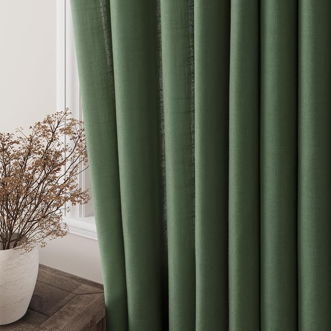 Nanspring Olive Green Linen Curtains 96 Inches Long for Living Room 2 Panel Set Grommet Design Light Filtering Semi Sheer Curtain Drapes Farmhouse Rustic Home Decor for Bedroom Dining Room 52x96