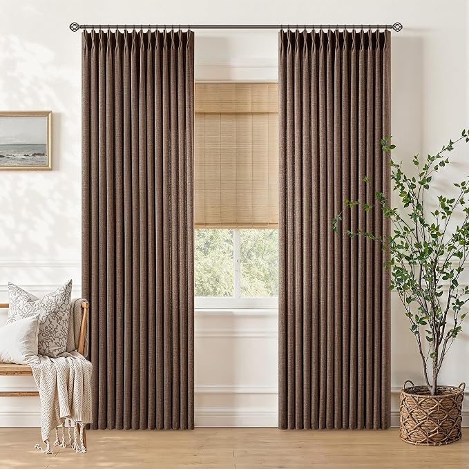 Dark Brown Pinch Pleated Curtains 80 Inch Long 2 Panels Set Vintage Rustic Retro Light Filtering Linen Blend Pleat Drapes with Back Tab Chocolate Brown Memory Trained Curtains for Living Room Bedroom