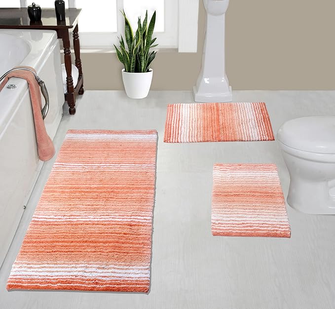 Home Weavers 100% Cotton Gradiation Collection Bathroom Décor | Washable Rug | Bathroom Mat | Kitchen Mat | Bathroom Rug Set | Bath Mat Set | Bath Floor Mat Non Slip, 3 Piece Set with Runner, Coral