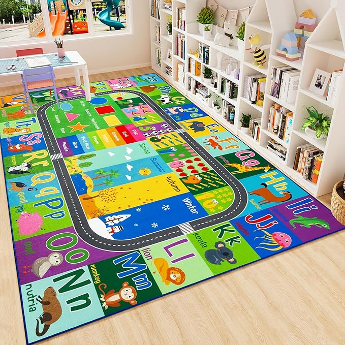 HOMORE Kids Rug, 6x9 Kids Educational Area Rugs for Learning Alphabet, Numbers, Colors, Season and Animal Words, ABC Rugs for Classroom Playroom, Green