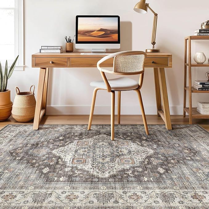 9x12 Area Rug Living Room: Washable Boho Large Neutral Vintage Soft Rugs Stain Resistant Farmhouse Non-Slip Indoor Floor Carpet for Bedroom Nursery Kids Office Dining Room Playroom- Grey Brown