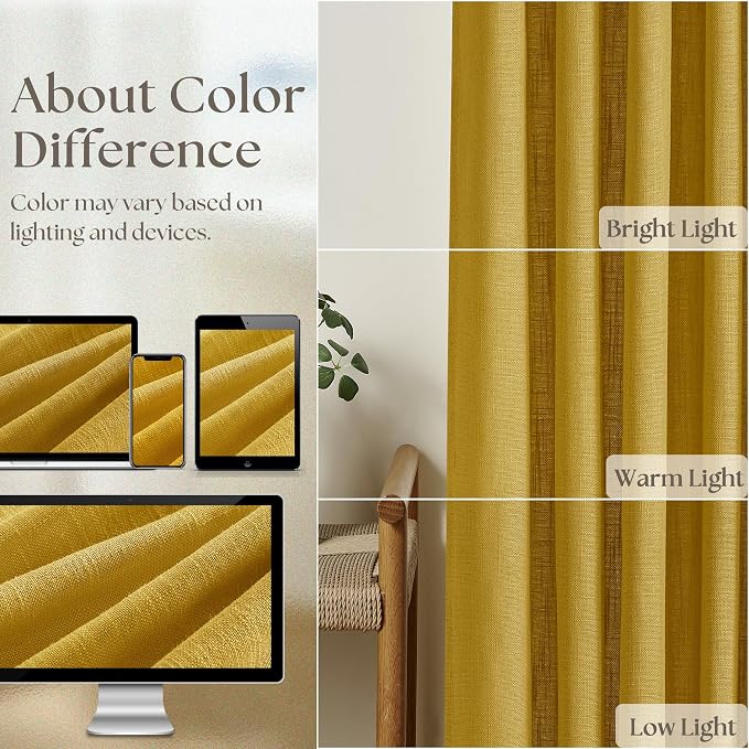 Mustard Yellow Pinch Pleated Linen Curtains 45 Inch Length 2 Panels Set for Bedroom Dining Room Kitchen Semi Sheer Linen Boho Retro Farmhouse Small Window Curtains 45 Inches Long Harvest Gold Yellow