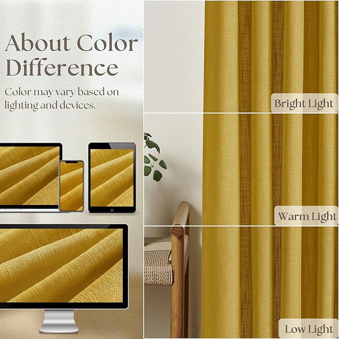 Extra Long Mustard Yellow Linen Curtains 120 Inches Long Gold Yellow Funky Farmhouse Rustic Curtain Light Filtering Semi Sheer Back Tab Pinch Pleat Curtain for Tall Ceiling Living Room 2 Panels