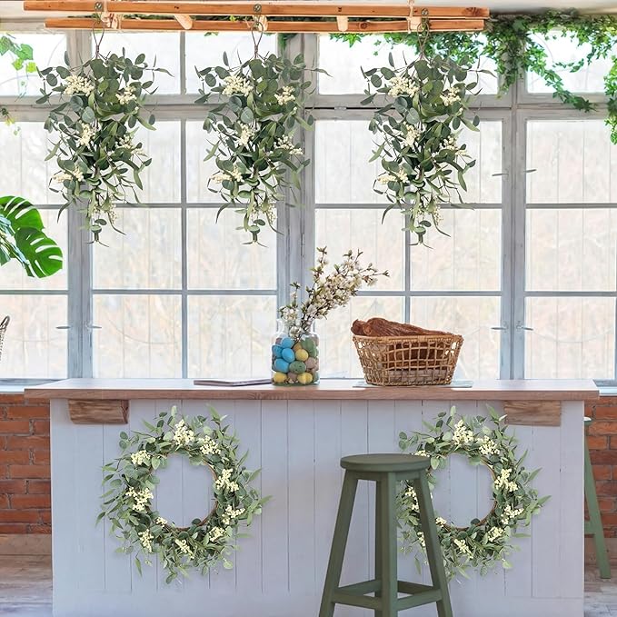 Pinkpum 20'' Eucalyptus Wreath 22'' Teardrop Swags Set 4 for Front Door Fireplace Hanging Porch Wall Home Window Kitchen Decor Farmhouse Garden Party Indoor Outdoor Summer Spring Fall All Seasons