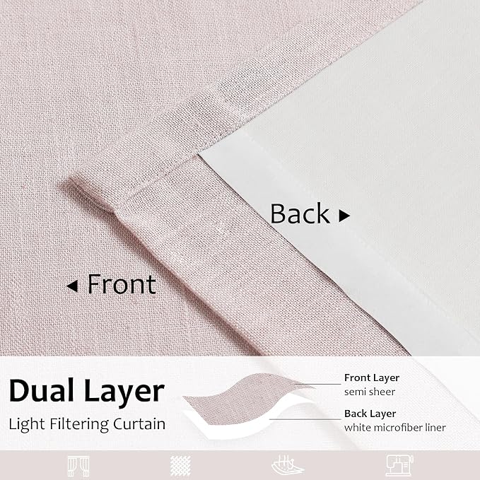Central Park Pink Pinch Pleat Light Filtering Window Curtain Panels with Microfiber Liner Linen Blended Textured Privacy Drape 90 Inches Long for Living Room Bedroom with Back Tabs Hooks, 40"Wx90"Lx2