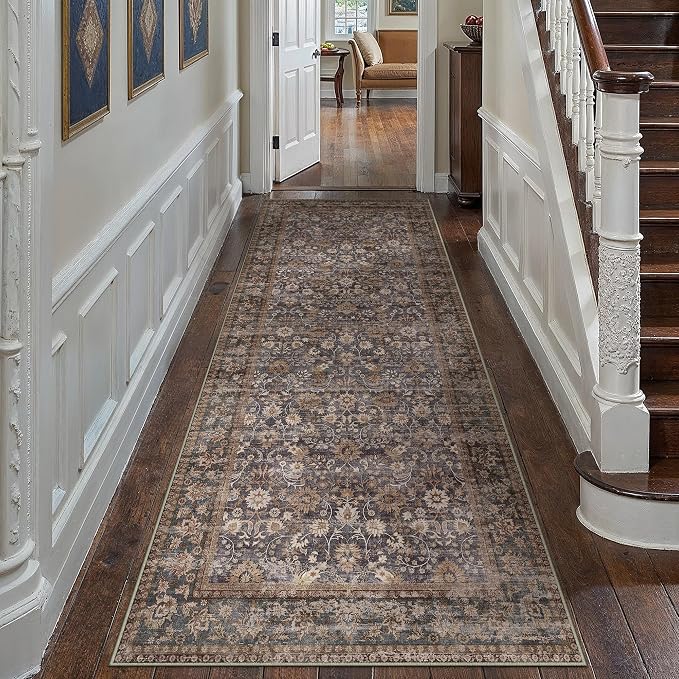 HUGEAR 3x8 Runner Rug Machine Washable Tradition Brown Hallway Area Rug Indoor Accent Rugs Floral Low Pile Carpet Soft Throw Rugs Bedroom Living Room Office Dining Kitchen Laundry Non Slip