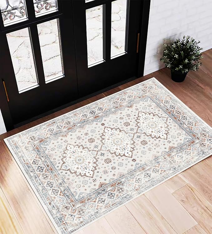 CHAMPLANT Area Rug 2x3 Washable Rug Door Mat Vintage Distressed Doormat Indoor Entrance Traditional Thin Floral Print Non Slip Carpet for Kitchen Bathroom Bedroom Living Room