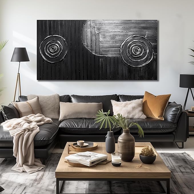 Extra Large Wall Paintings for Hotel Black and Silver Circles Wall Decorations for Living Room Abstract Office Wall Decor Size 36 x 72 Inch