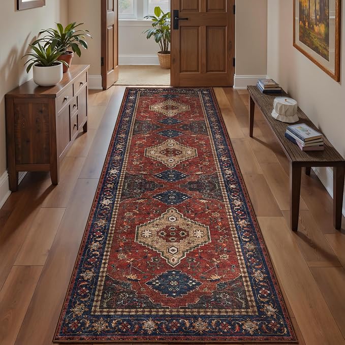 Tangsoo Red Oriental 2.6X8 Washable Runner Rug for Hallways, Non Slip Vintage 8ft Runner Rugs, Soft Low Pile Long Rug Runner, Print Carpet Runners for Kitchen Bedroom Entryway Living Room Red Blue