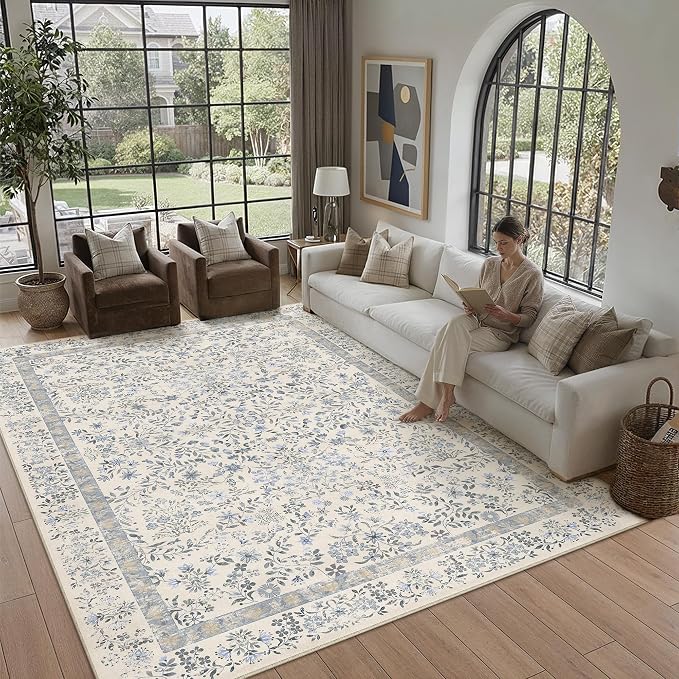 PureCozy 10x12 Blue Area Rug for Living Room Bedroom Washable Vintage Floral Carpet Low Pile Non Slip Botanical Aesthetic Large Dining Room Soft Accent Throw Rug Nursery Office Indoor