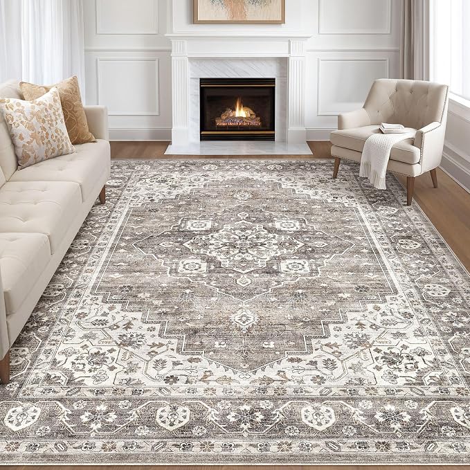 8x10 Area Rugs Living Room: Washable Boho Large Neutral Vintage Soft Rug Stain Resistant Farmhouse Non-Slip Indoor Rustic Floor Carpet for Bedroom Nursery Kids Playroom Office Dining Room- Dark Brown