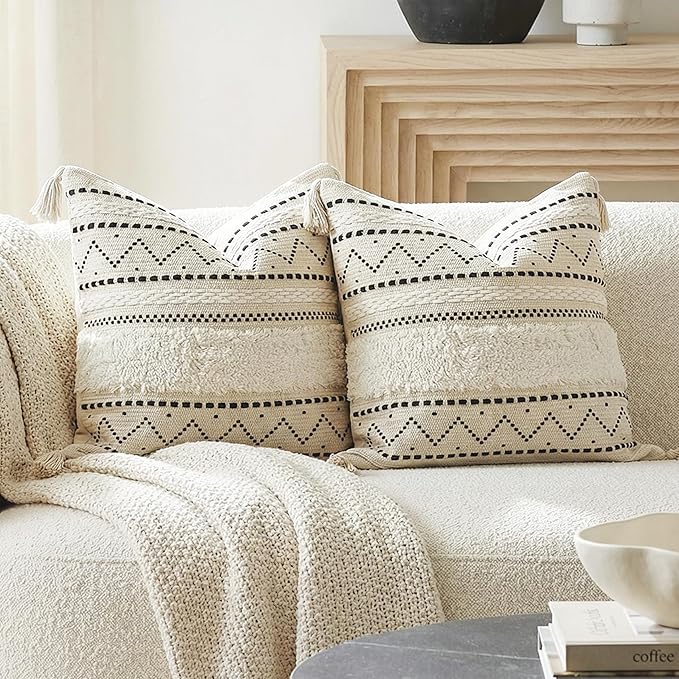 BlissBlush Decorative Throw Pillow Covers 20x20 Combo Set of 2 Square Boho Black Neutral Accent Pillowcase Tassels Farmhouse Cushion for Couch Sofa Bedroom Living Room Home Décor Cover ONLY
