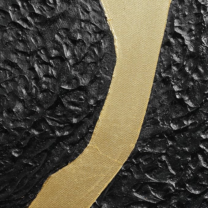 Large Horizontal Abstract Black & Gold Canvas Wall Art, Modern Wall Decor | Neutral Oil Textured Painting, Minimalist Contemporary Artwork for Living Room Bedroom Office Hallway Dining Room, 24x48 In