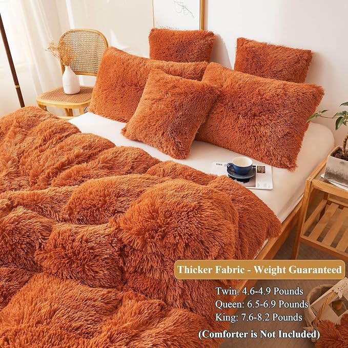 XeGe Fluffy Faux Fur Duvet Cover Set, Luxury Ultra Soft Plush Shaggy Terracotta Bedding Set 3 Pieces Velvet(1 Fuzzy Comforter Cover + 2 Furry Pillow Cases), Zipper Closure (Queen, Burnt Orange)