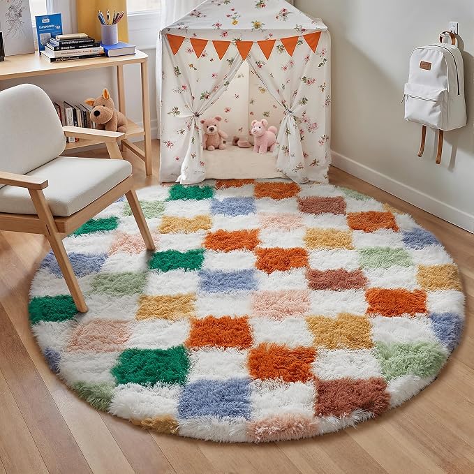 PureCozy Checkered Rug 6x6 for Living Room, Modern Neutral Shag Rug Washable Non-Slip Large Area Rug Super Soft Indoor Fuzzy Carpet Fluffy Rugs for Bedroom Home Aesthetic Decor