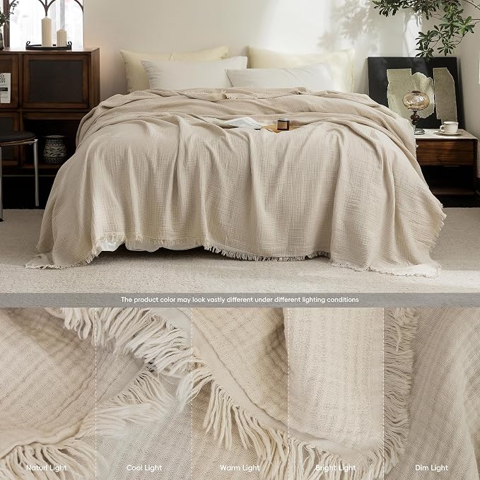 FOSSA Muslin Blanket 4-Layer 100% Cotton Gauze Blanket with Fringe 66"x90" | Super Soft Breathable Lightweight All Season & Decorative Blanket or Bed, Sofa, Office (Beige,Twin XL)