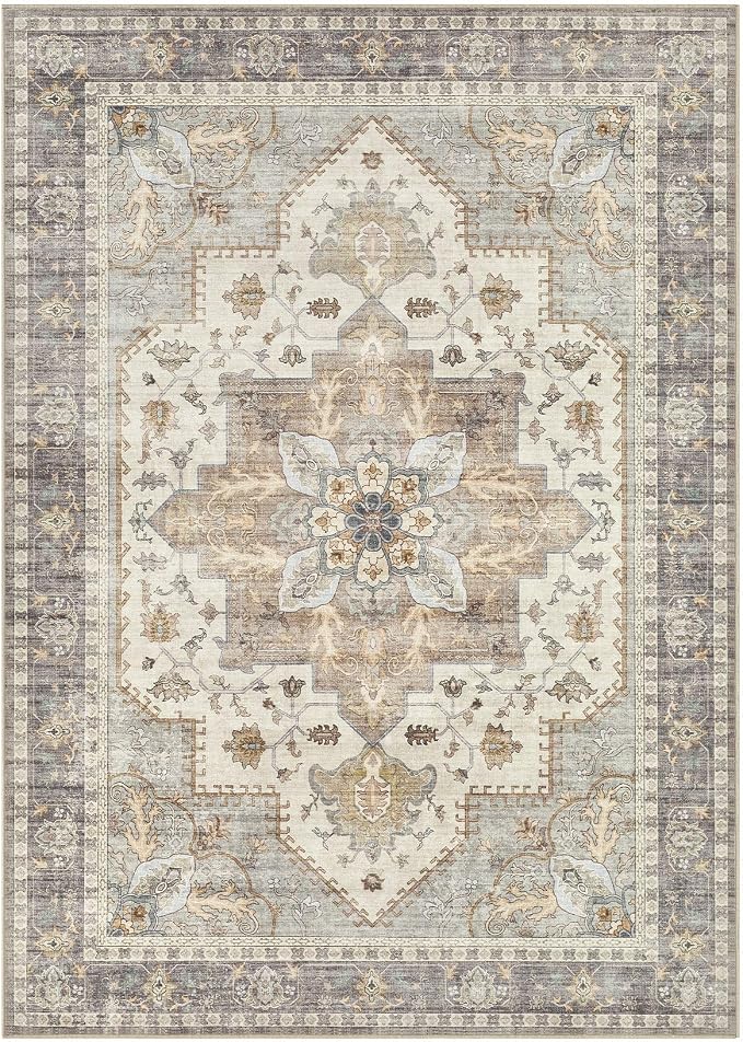 Tortania Area Rug Living Room Rugs - 8x10 Washable Boho Rug Vintage Oriental Distressed Farmhouse Large Thin Indoor Carpet for Living Room Bedroom Under Dining Table Home Office - Greige