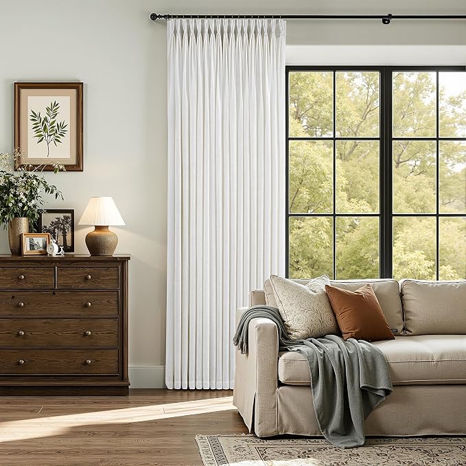 94 Inches Long Triple Pinch Pleated Curtains 2 Panels Set for Living Dining Room Natural Textured Drapes Ceiling to Floor 94 Inch Length Semi Sheer Light Filtering Pinch Pleat Curtains Linen Blend
