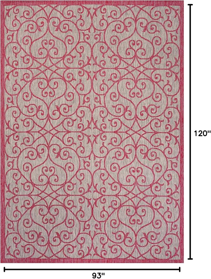 JONATHAN Y Vintage Filigree Indoor Outdoor Area Rug 8X10 Light Gray/Fuchsia, Madrid Textured Weave for Backyard, Patio, Porch, Easy-Cleaning, High Traffic, Pet-Friendly, Non-Shedding (SMB107I-8)