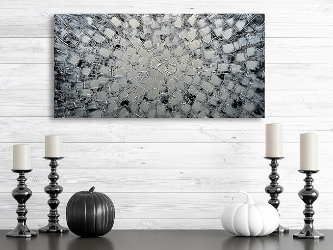 MyArton Textured Abstract Squares Canvas Wall Art Hand Painted Modern Black Silver Oil Painting Picture for Home Decoration Ready to Hang Horizontal or Vertical 40x20inch