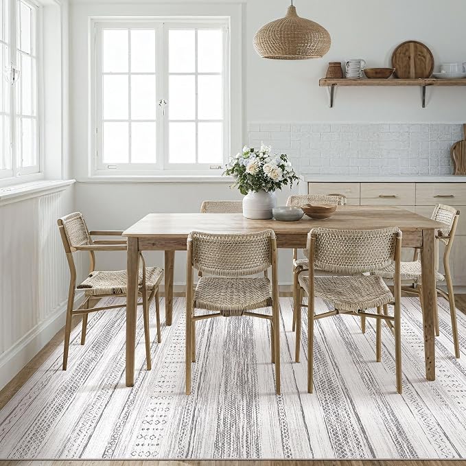 Tortania Area Rug Living Room Rugs - 8x10 Washable Large Soft Neutral Boho Moroccan Bohemian Farmhouse Rug Indoor Floor Carpet for Bedroom Under Dining Table Home Office Decor - Light Grey