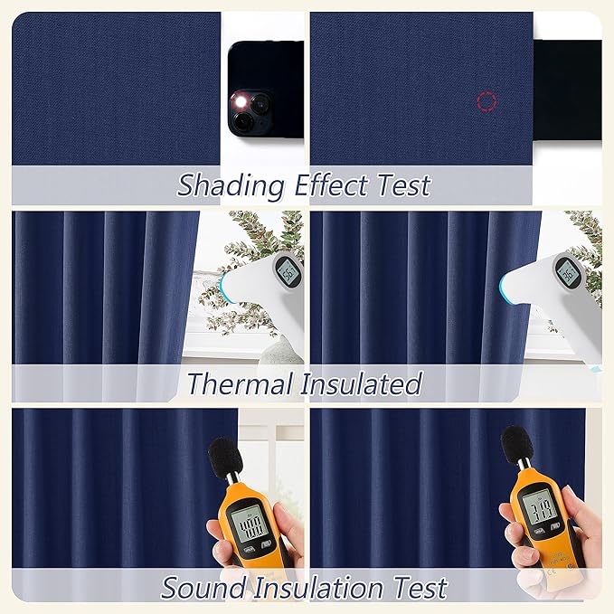 Guken 100% Blackout Curtains 63 Inch Length 2 Panels Set for Living Room Bedroom Back Tab Thermal Insulated Black Out Linen Drapes Room Darkening Window Curtains 63 Inches Long,Classic Blue