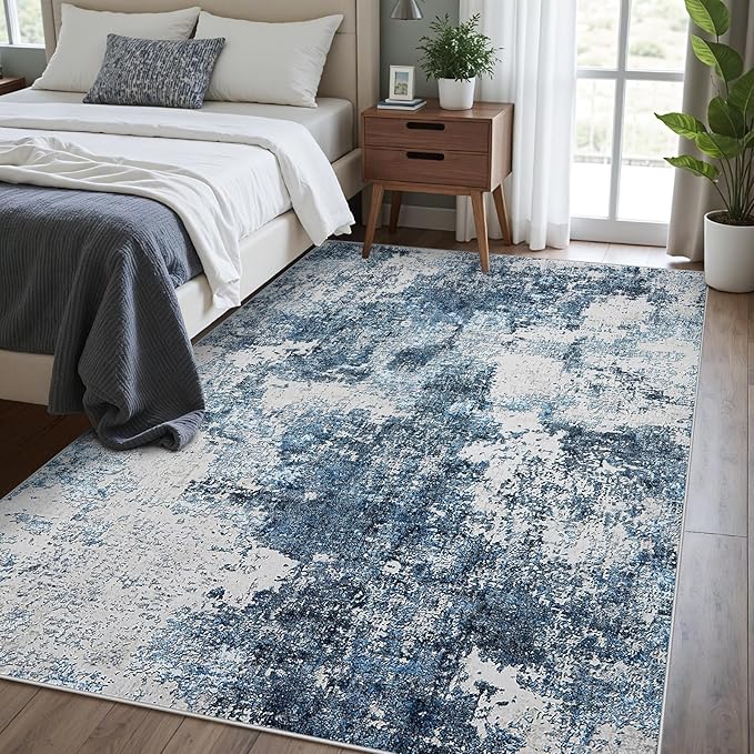Area Rug Living Room Rugs: 5x7 Washable Rug with Anti-Slip Backing Non-Shedding Stain-Resistant Foldable Modern Abstract Carpet for Bedroom Dining Room Nursery Home Office (Blue)