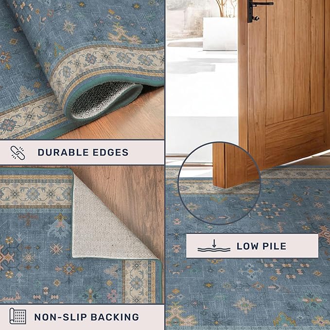 Washable 5x7 Blue Rugs for Kids Room, Boho 5 x 7 Nursery Rug Boys, Colorful Eclectic Low-Pile Carpet for Bedroom, Dining Table, Non-Slip with Rubber Back