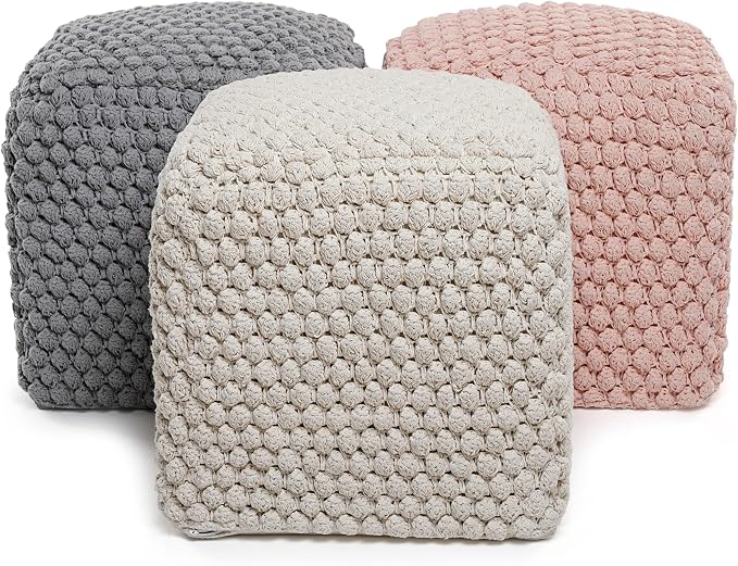 BIRDROCK HOME Square Pouf Ottoman Foot Rest - 18” Compact Comfortable Soft Cotton Knit Bean Bag Floor - Chair Foot Stool Seat for Living Room, Bedroom, or Kids Room (Natural Bud)