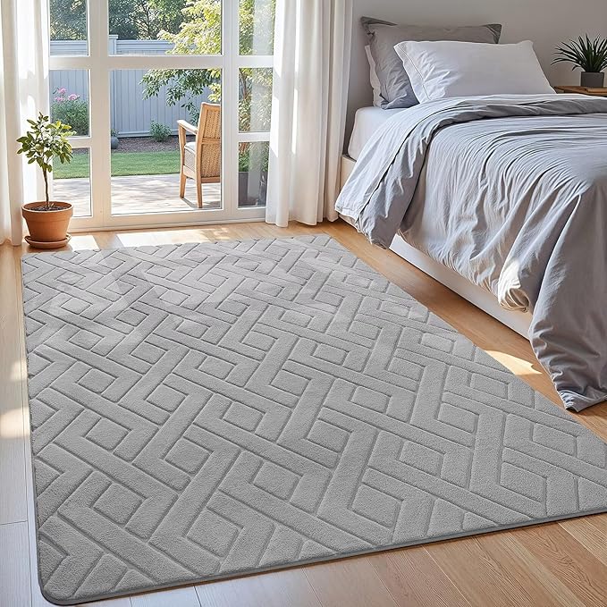 Macgace Ultra Soft Grey Area Rug for Bedroom, 3x5 Modern Geometric Shag Rugs with Nonslip Backing for Living Room, Washable Fuzzy Carpet for Cozy Kids Room Nursery