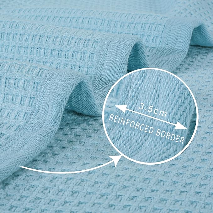 TreeWool Premium 100% Cotton Waffle Queen Blanket (90"x90", Light Blue) | Breathable Lightweight Moisture Wicking Soft Knit Thermal Blanket for Summer, Bed or Sofa All-season Comfort Machine Washable