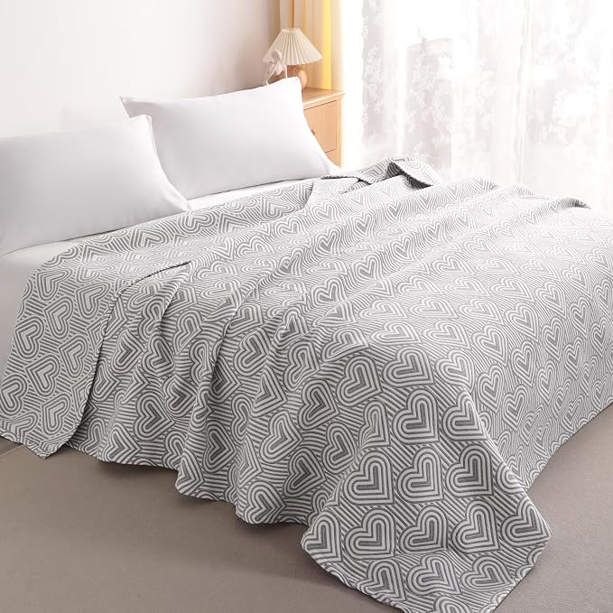 NTBAY 3 Layers Cotton Muslin 88x92 Queen Bed Blanket, Super Soft Breathable Thermal Yarn Dyed Quilt for Adults, Perfect Lightweight Blanket for Couch Sofa Bed All Seasons, Grey Heart