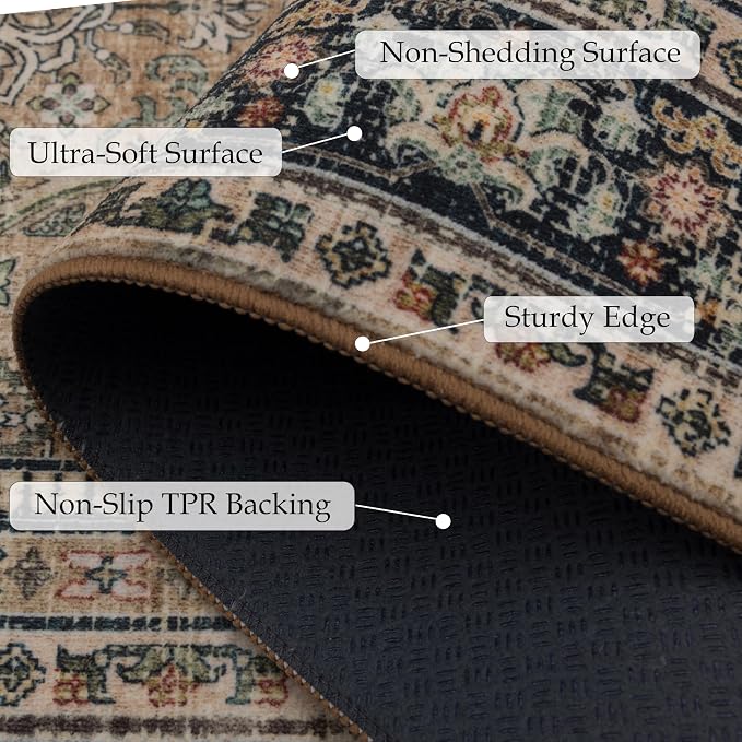 Ruaruarug Washable Area Rug Runner 2×6 for Kitchen Living Room Bedroom, Ultra Soft Non Slip Stain & Fade Resistant, Pet & Kids Friendly, Suitable for High Traffic Areas Easy to Clean, Vintage Brown