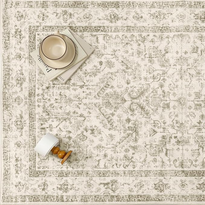 PureCozy Taupe 8x10 Area Rug Vintage Washable Living Room Carpet Non Slip Bedroom Indoor Office Low Pile Large Traditional Distressed Retro Accent Rug for Dining Room Bathroom Kitchen