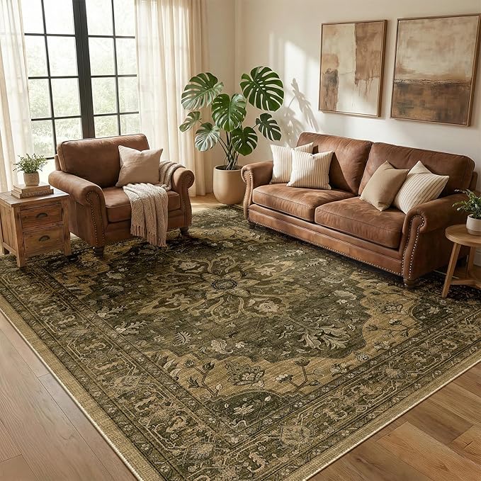 RELEANY Area Rugs 5'x7' Washable Non-Slip, Floral Vintage Distress Print Pattern Medallion Carpet for Living Room Bedroom Dining Room, Brown Dark Brown