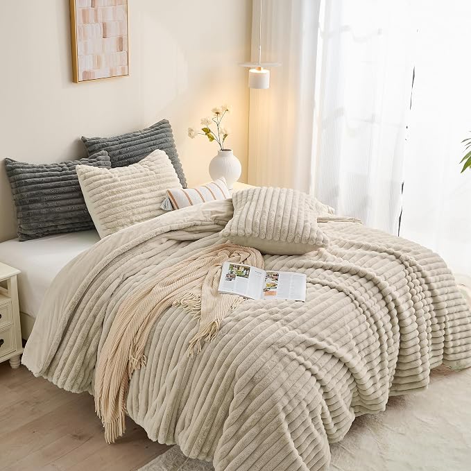 Simple&Opulence Fluffy Faux Fur Comforter Set, Plush Fuzzy Minky Bedding Set, 3 Pieces Warm Soft Comforter Bedding Set for Winter - 1 Shaggy Comforter with 2 Pillow Shams(Queen, Striped - Khaki)