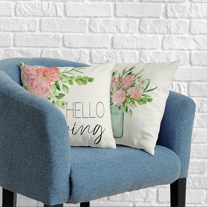 Watercolor Pink Rose Throw Pillow Covers Hello Spring Pillow Covers for Indoor Outdoor Decoration Shabby Chic Flower Square Cushion Case 22x22 Set of 2