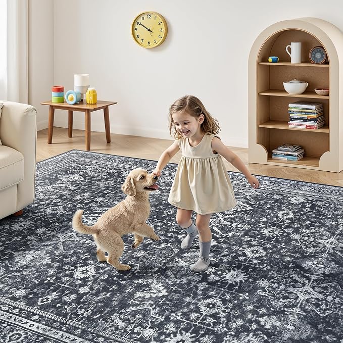 Lofus 5x7 Area Rug for Living Room,Black Washable Area Rugs with Non-Slip Backing,Soft Boho Carpets for Bedroom Dining Room Home Office Indoor Nursery