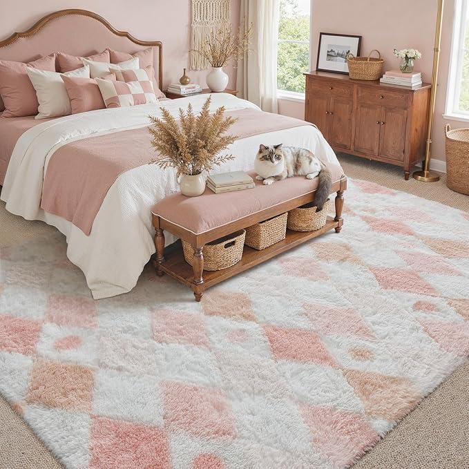 PureCozy Checkered Rug 8x10 Fluffy Shag Living Room Pink Area Rug Modern Washable Carpet Soft Shaggy Non Slip Indoor Plush Fuzzy Rugs for Bedroom Dorm Office Home Aesthetic Decor