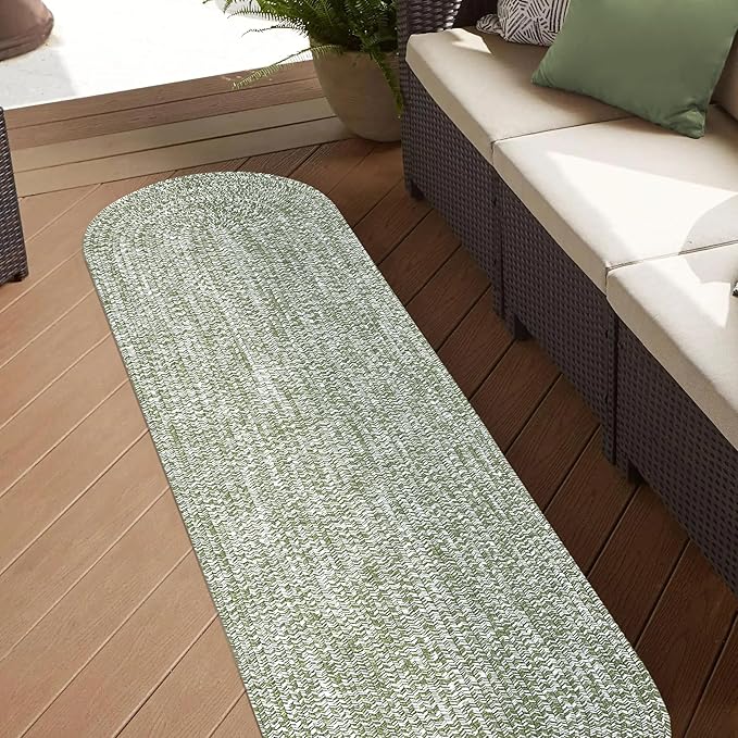 Superior Indoor/Outdoor Runner Rug, Dual-Tone Reversible Braided Floor Decor for Patio, Front Porch, Entryway, Living Room, Office, Nursery, Artistic Home, 2' x 8' Oval, Green-White