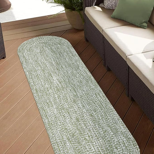 Superior Indoor/Outdoor Runner Rug, Dual-Tone Reversible Braided Floor Decor for Patio, Front Porch, Entryway, Living Room, Office, Nursery, Artistic Home, 2' x 8' Oval, Green-White
