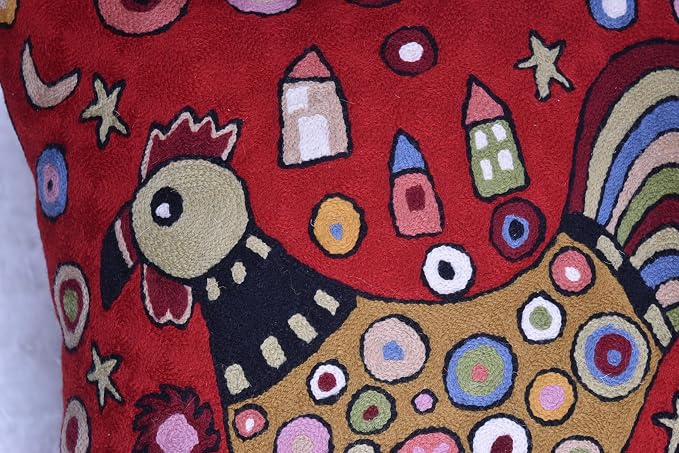Red Rooster Throw Pillow Cover Karla Gerard Floral Pillowcase Floral Chair Cushion Flower Couch Pillowsham Red Farmhouse Pillow Hand Embroidered Cushions Wool Size 18x18