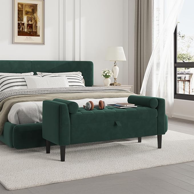 46.5" Storage Ottoman Bench – Upholstered End-of-Bed Storage Chest with Rolled Armrests & Wood Legs, Entryway Shoe Bench and Footrest Seat for Hallway, Bedroom & Living Room & Walk-in Closet (Green)