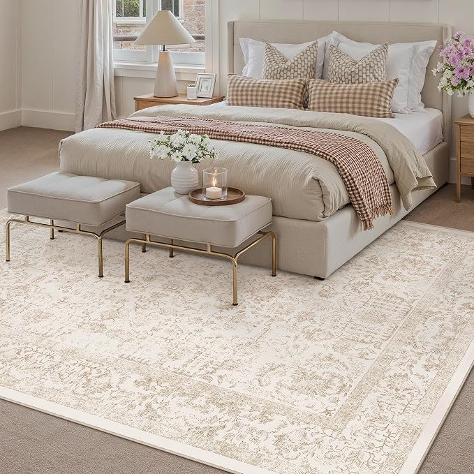 PureCozy Beige Area Rug 10x12 Machine Washable Large Vintage Living Room Distressed Non Slip Carpet Traditional Indoor Bedroom Retro Floral Accent Throw Rug for Office Kitchen Dining Room